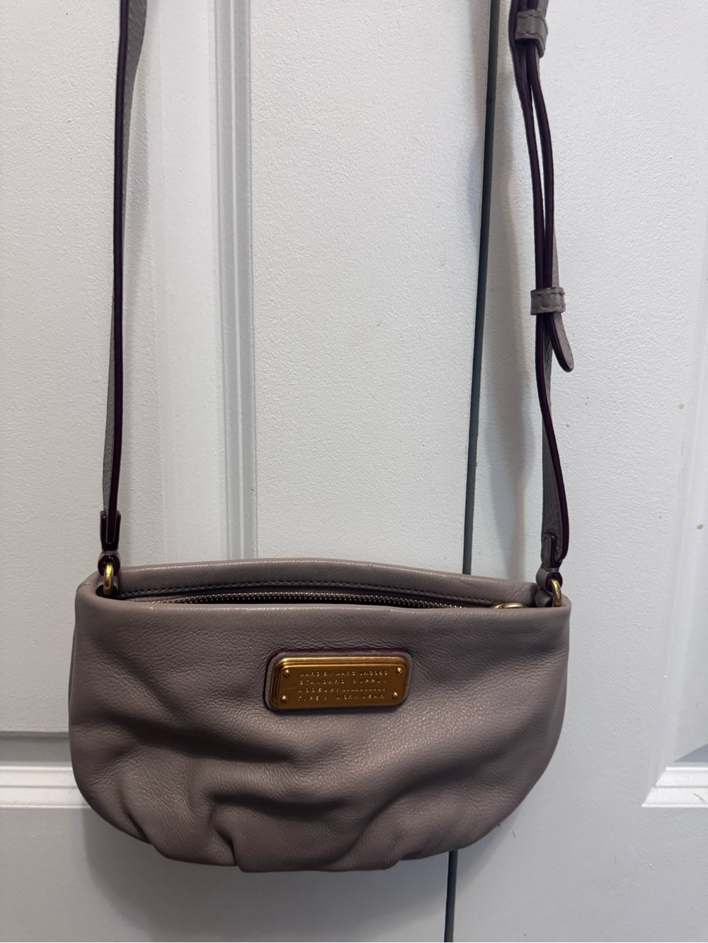 Marc by Marc Jacobs Pewter Taupe Pebbled Leather Crossbody with Gold Plaque